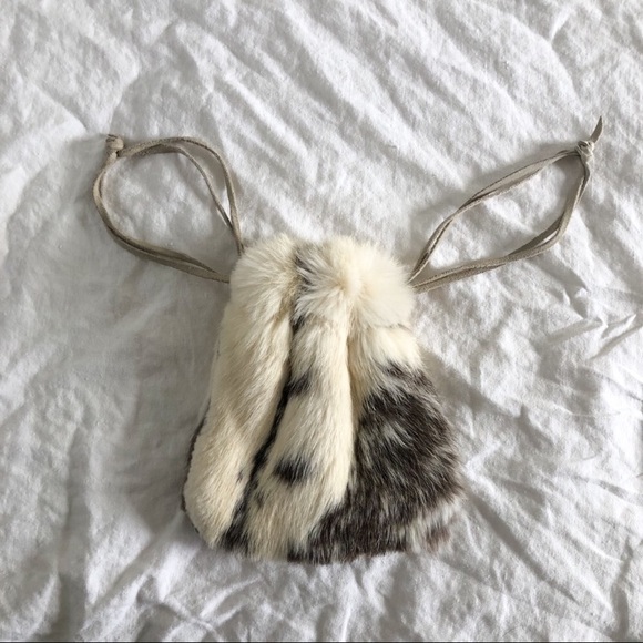 Recycled Boho Rabbit and Suede Drawstring Purse - Picture 3 of 9
